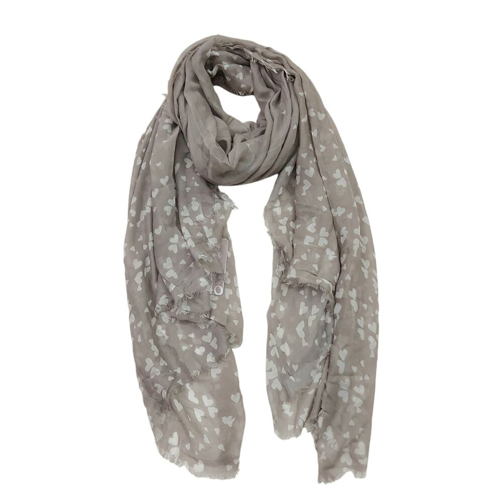 Tilo Wrap Scarf Wrap Womens One Size Gray White Eye Lash Fringe Hearts Print
